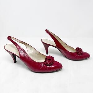 [Vintage] Rosina Ferragamo Schiavone Red Leather Slingback Rosette Heels Sz 8.5